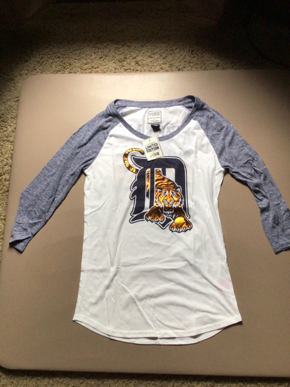 PINK Victoria's Secret White Tee with Heather Blue Raglan Sleeves and Tiger Logo